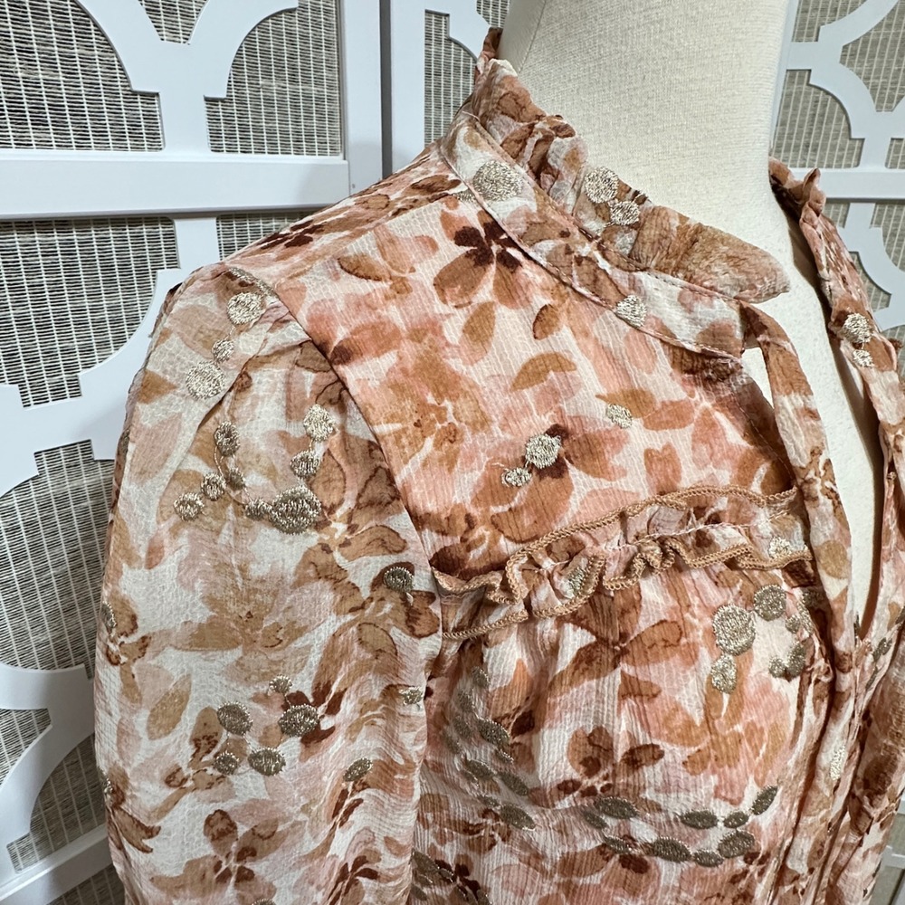 Anthropologie BTFL-life‎ Floral Puff Sleeve Blouse Womens M Cottage Ruffle Sheer - Picture 4 of 13